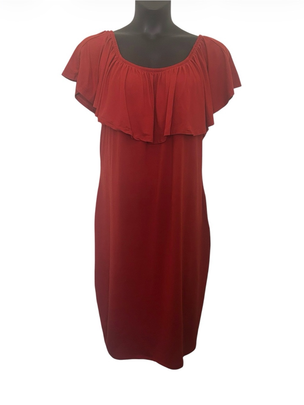 Say What? Burnt orange Ruffle-Overlay Midi Dress